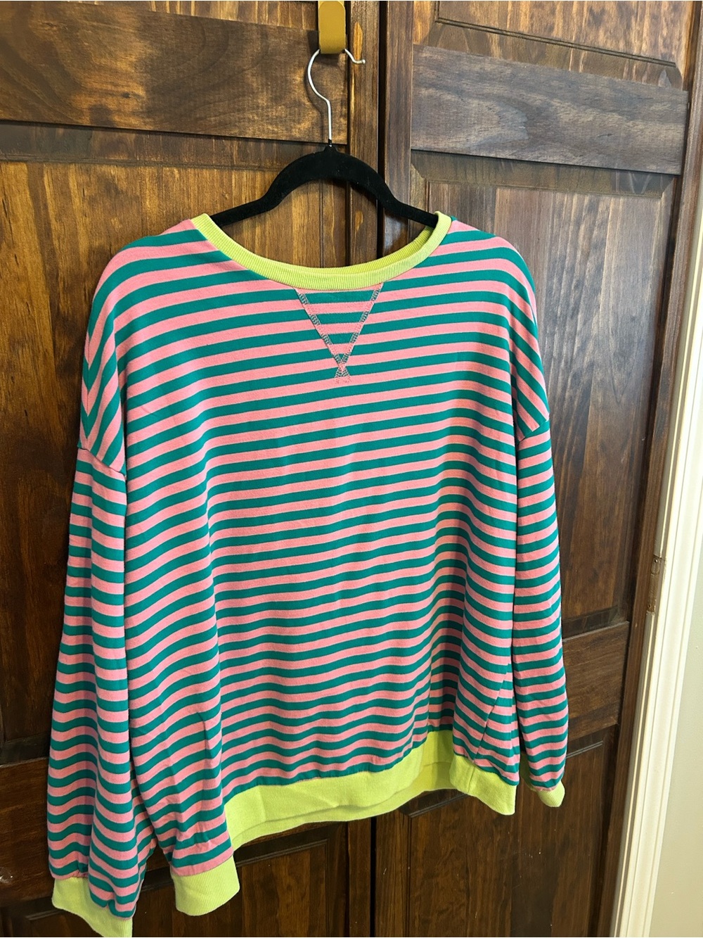 Striped Pink and Teal Women's Sweater with Lime Trim